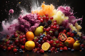 Wall Mural - Fresh fruits with drops of juice and pulp exploding on black background, healthy eating concept