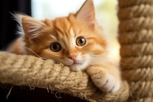 Adorable Orange Cat Resting On Scratching Post. Generative AI
