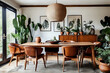 Classic scandinavian mid century modern wood, cabinet, tropical plants and leather chairs. Boho style dining room green ecology