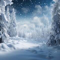 Festive New Years backdrop, snow kissed trees in serene winter setting