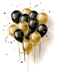 Canvas Print - Festive black and gold balloons and confetti on a white background celebration theme