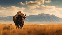 A Large Bison Stands In The Grass With A Background Of Mountains Generative AI