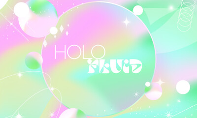 Poster - Yellow and Blue Pastel Holographic Gradient Design with round iridescent bubble circle frames. Vector Illustration. 
