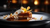 Close up of refined dessert being prepared by professional chef in high end restaurant or cafe background
