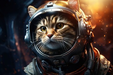 closeup portrait of a tabby cat astronaut in a spacesuit