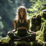 Fototapeta  - Magiczne chwile kontemplacji na łonie natury w lesie. Młoda kobieta w spokoju i zadumie, odkrywająca wewnętrzną harmonię w medytacji. Fotografie chwil refleksji i wewnętrznego skupienia.