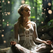 Magiczne chwile kontemplacji na łonie natury w lesie. Młoda kobieta w spokoju i zadumie, odkrywająca wewnętrzną harmonię w medytacji. Fotografie chwil refleksji i wewnętrznego skupienia.