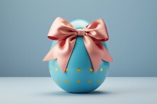 Colorful Egg With Decorative Bow On A Plain Background. Generative AI