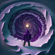 Vortex Portal On Snow From Above With Purple Color With A Hooded Person Looking Into The Vortex 