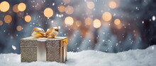 A Christmas Winter And New Year Background - Gift Box With Gold Bow On Blue Defocused On The Forest Background Of Dreamy Blurred Bokeh Effect, Creating A Magical And Festive Atmosphere. Generative Ai