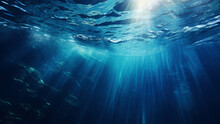 Sun Shining Light In Blue Clearly Deep Water, Sunbeams Illuminate The Blue Underwater Sea Scene, Background