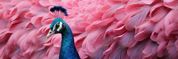 Wall Mural - Colorful fantasy peacock with open tail of pink feathers, banner