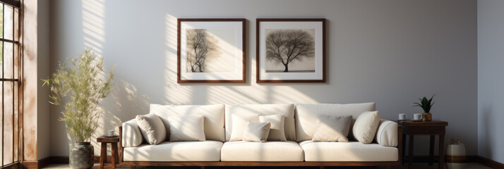 Wall Mural - Part of home interior banner, sofa near wall, picture frames, light and shadow from window