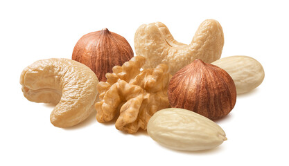 Wall Mural - Walnut, cashew, blanched almond and hazelnut isolated on white background. Nut mix