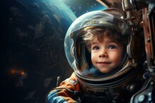 Pioneering Astronaut Spaceship Space Child Boy. Sky Flight. Generate Ai