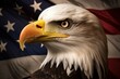A commanding bald eagle is the main focus, placed in front of the flag representing American states. Glimmering stars are sprinkled throughout the imagery. Generate Ai