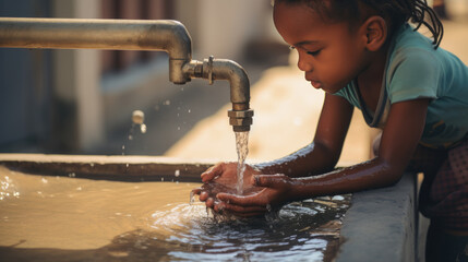 African child extends his hands toward a faucet of clean water.