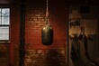 A weighty punching bag hangs in a gym before a sturdy wall. Generative AI