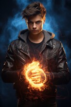 Blue Glowing Smoke Background. Handsome Teen Boy. Urban Fantasy Character. Glowing Magic Energy Fractal Hands. Action Superhero Pose. Sorcery, Wizard, Witch, Spell, Superpower, Super Power. 