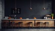 A chic coffee shop interior with minimalist design, a black chalkboard wall awaiting menus or notes.