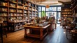 A cozy bookshop with wooden shelves, the space above the counter waiting for literary event promotions or branding.