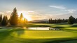A pristine golf course at dawn, the green fairway offering space for golfing tips or event promotions.