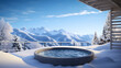 A luxury spa retreat in the mountains with an outdoor hot tub overlooking a serene snowy landscape.