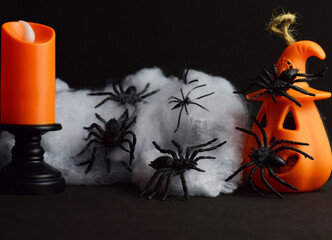 Halloween, pumpkins, spiders and terror, black background.