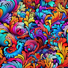 Poster - Psychedelic patterns. Seamless abstract hand-drawn pattern, waves and curls. Colorful background.