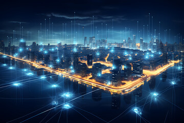 Wall Mural - Smart City. abstract global media link connecting on night city background, digital, internet, communication, networking, business, partnership, network connection, technology concept, Generative AI