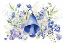 Watercolor Floral Background With Periwinkle, Bells, And Muscari Flowers On A White Backdrop. Generative AI