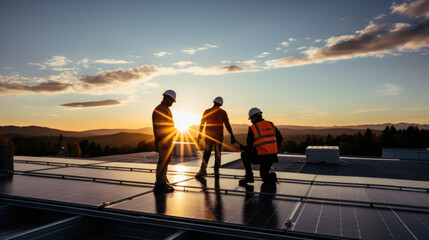 Wall Mural - Engineers check the performance of solar panels before sunset.