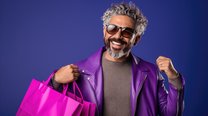 Wall Mural - Happy smiling man holding shopping bags on purple background