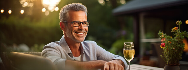 Canvas Print - Smiling man sits at a table during an outdoor evening party in a home's backyard