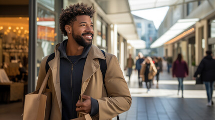 Wall Mural - Happy man is walking down the street with bags while shopping.