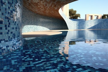 Poster - A picture of a pool with a blue tiled wall and a clear reflection of a person in the water. This image can be used to depict relaxation, swimming, or a serene environment.