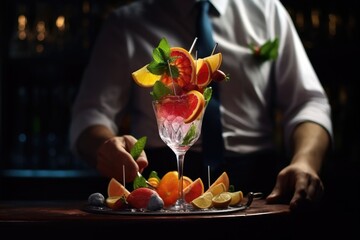 Poster - A man is holding a tray of various fruits and a refreshing drink. This image can be used to showcase healthy eating, summer refreshments, or a waiter serving a delicious fruit platter.