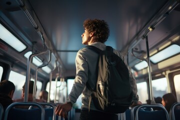 Poster - A picture of a man with a backpack sitting on a bus. This image can be used to depict public transportation, commuting, or travel.