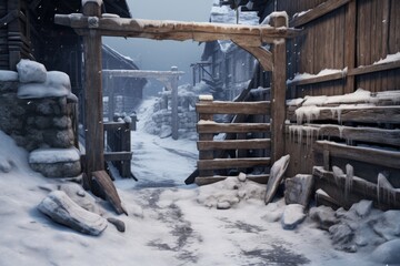 Poster - A picturesque snow-covered street featuring a charming wooden gate. Perfect for winter-themed designs or seasonal content.