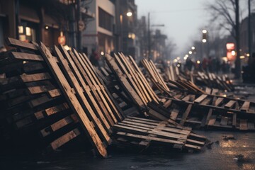 Poster - A pile of wooden pallets sitting on the side of a street. This versatile image can be used to depict industrial storage, transportation, or construction. .