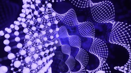 Poster - Abstract spinning many dna spirals of many tiny dots. Design. Concept of science.