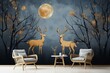 Modern art wallpaper with blue jungle forest, golden deer, gold tree, mountain, moon, and golden birds. Suitable for wall frames. Generative AI