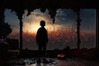 © Gasi - silhouette of an orphaned child stands in the ruins looking at skyscraper from afar. generative ai
