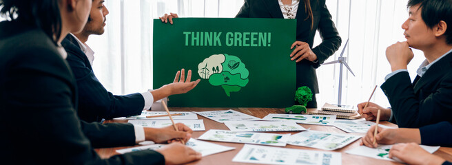 Wall Mural - Green business company meeting on environmental awareness and ecological protection regulation implementing to reduce CO2 emission and save Earth as responsible and eco-friendly company. Trailblazing