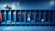Blue locker room with sports equipment