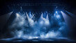 . Dark blue stage with spotlights lights and smoke. Illuminated stage.