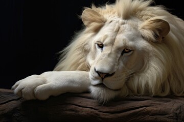 Aufkleber - A close-up photograph of a majestic white lion resting peacefully on a rock. This image captures the beauty and strength of the lion in its natural habitat. Ideal for nature enthusiasts or wildlife-th