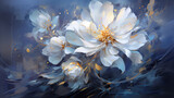 Fototapeta Kwiaty - a painting of white flowers on a blue background.   Oil Painting of a Gray color flower, Perfect for Wall Art.