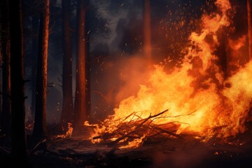 Poster - A raging fire in the midst of a dense forest. This image can be used to depict the destructive force of wildfires and the need for fire prevention measures.