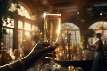 Poster - A person is seen holding up a glass of champagne. This image can be used to celebrate special occasions or toast to a joyful moment.
